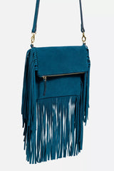 TEAL ITALIAN SUEDE FOLDOVER FRINGE CROSSBODY