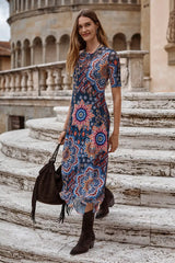 MESH ELBOW SLEEVE ASYMMETRIC HEM DRESS