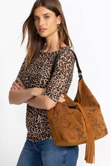 FLORAL ITALIAN PERFORATED SUEDE SLOUCH BAG