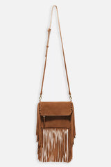 COGNAC ITALIAN SUEDE FOLDOVER FRINGE CROSSBODY