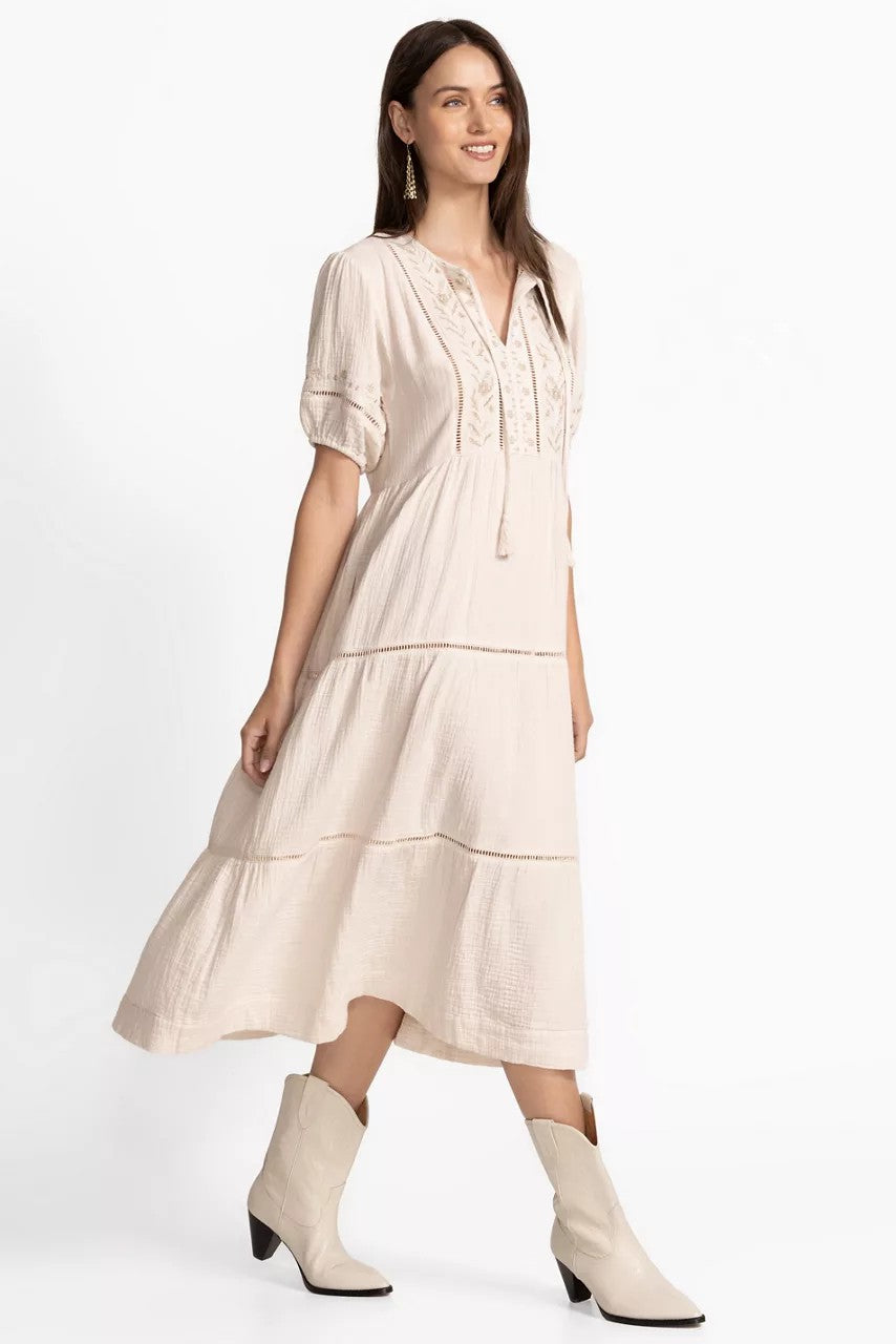 PUFF SLEEVE TIE NECK MIDI DRESS