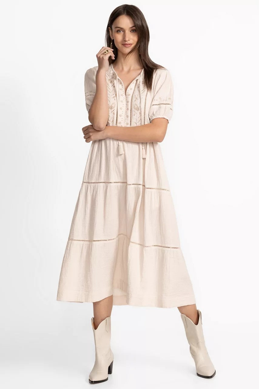 PUFF SLEEVE TIE NECK MIDI DRESS