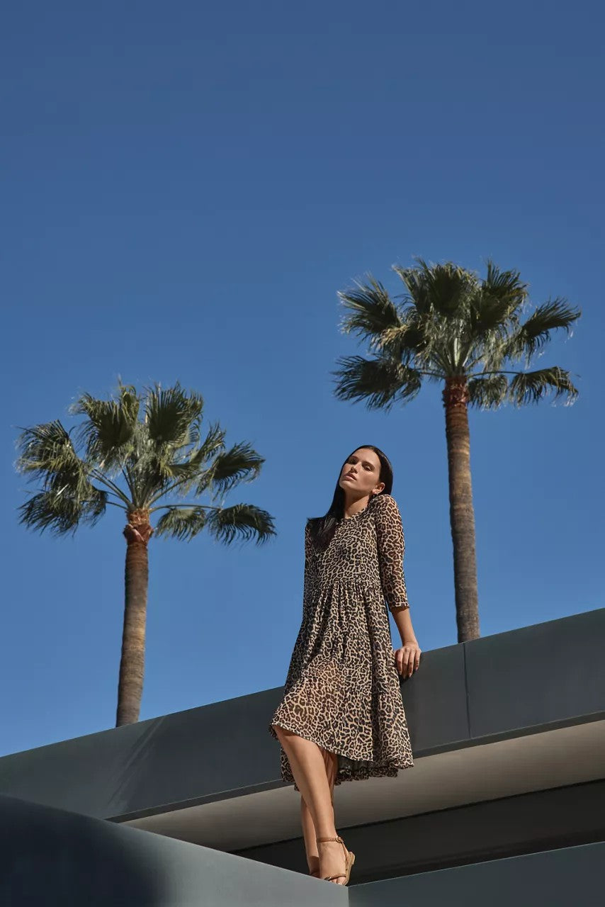 3/4 SLEEVE MESH TIERED DRESS