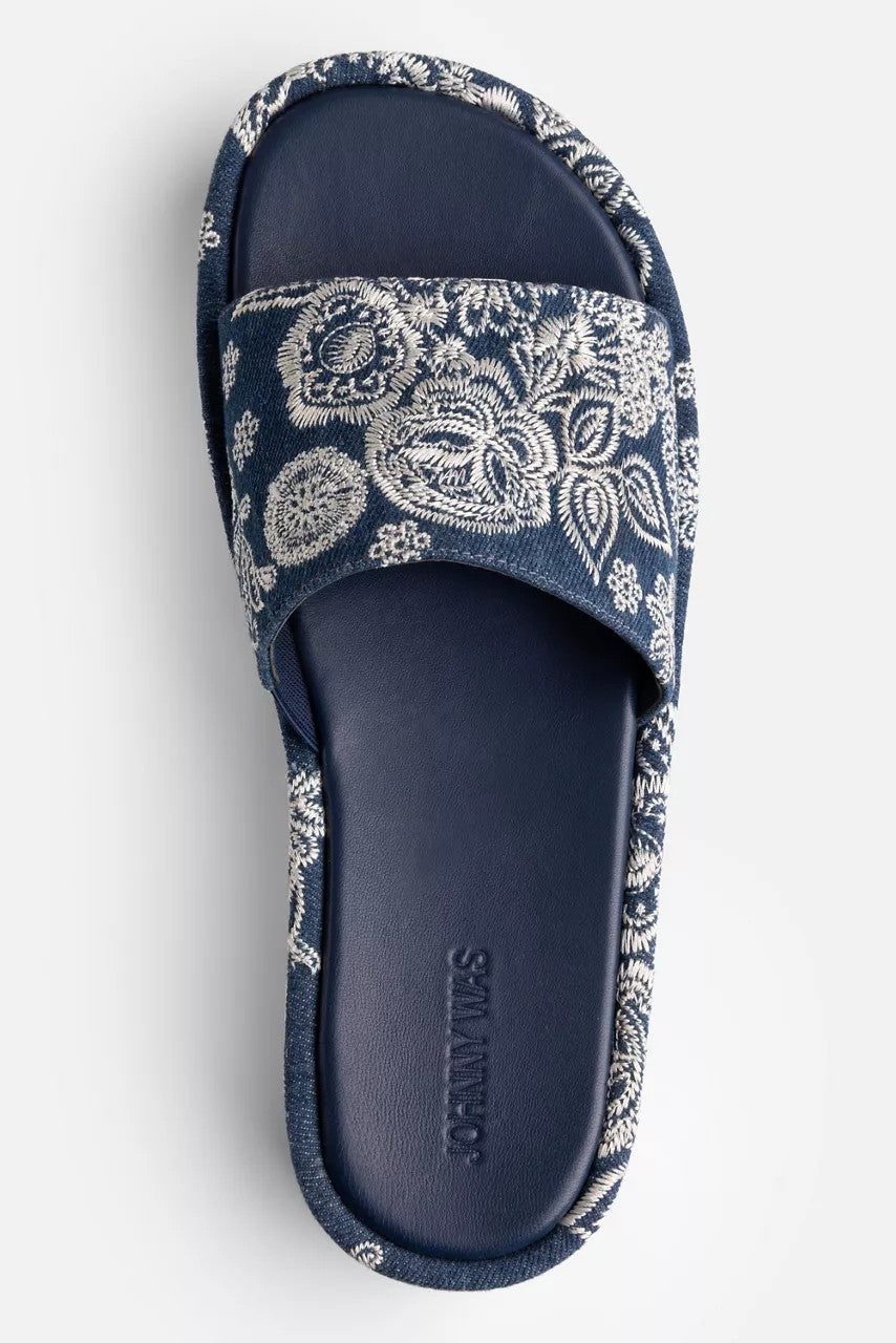 BANDANA EMBROIDERED DENIM PLATFORM SLIDE