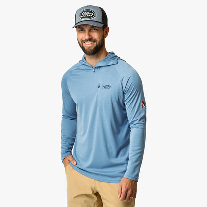 AFTCO Jason Christie's Hooded LS Bass Fishing Performance Shirt Blue Shadow Heather