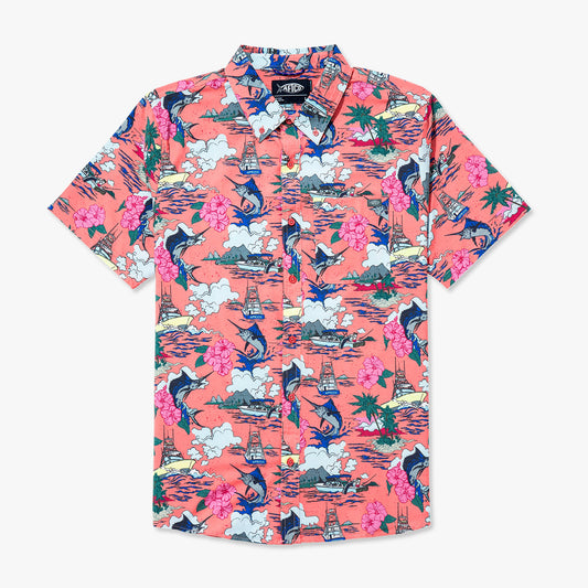 AFTCO Boatbar Printed Button Down Fishing Shirt Conch