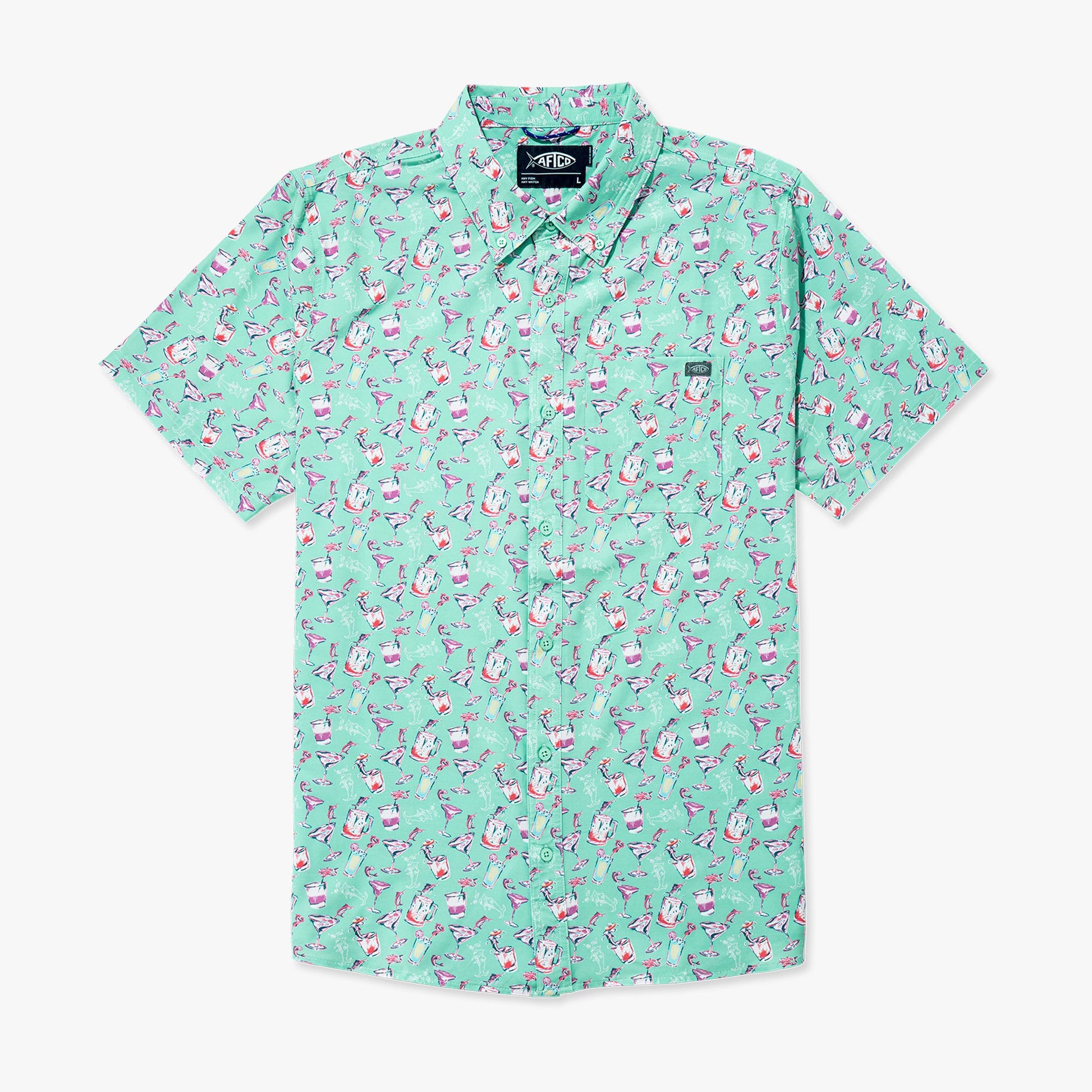 AFTCO Boatbar Printed Button Down Fishing Shirt Aqua Glass