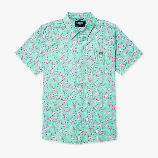 AFTCO Boatbar Printed Button Down Fishing Shirt Aqua Glass