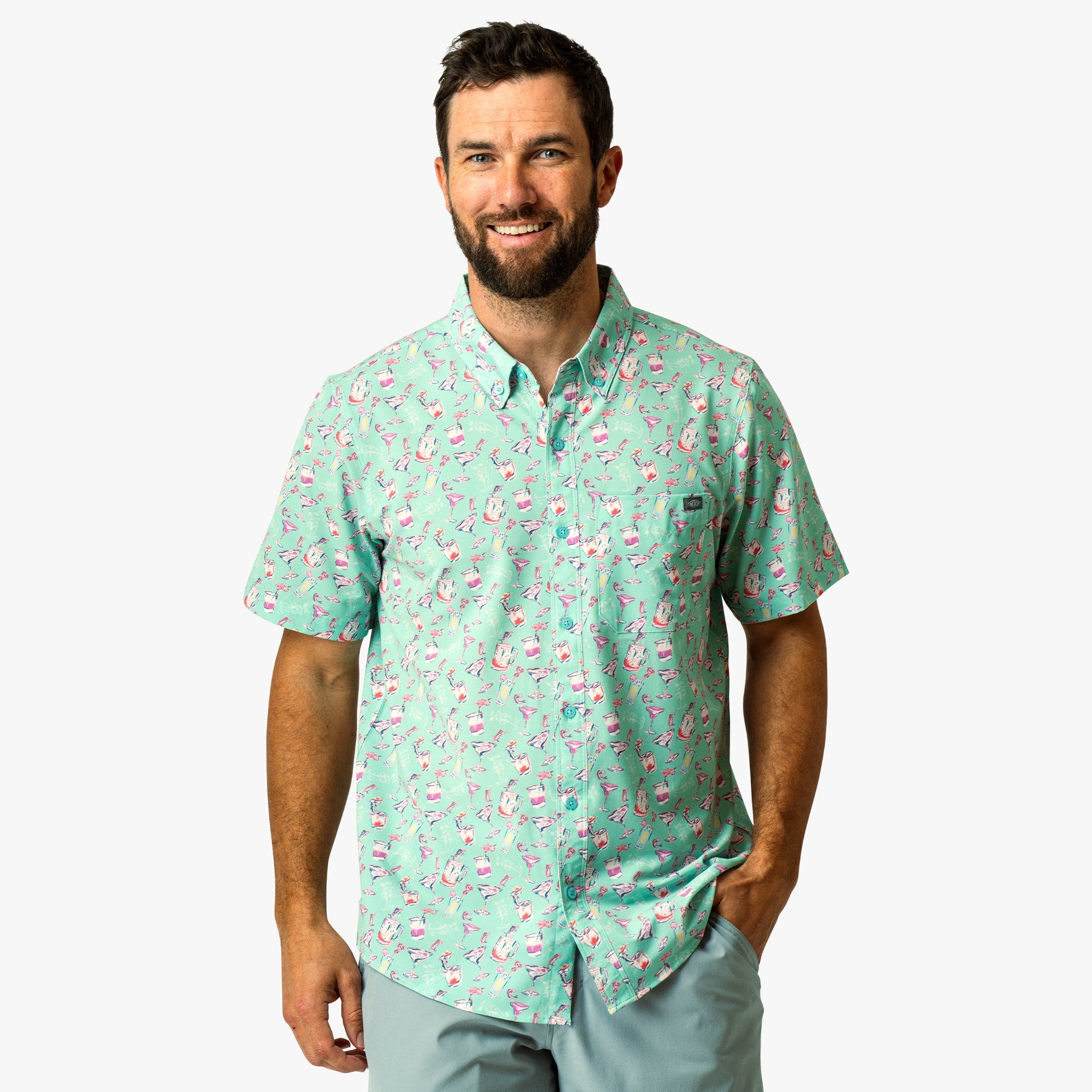 AFTCO Boatbar Printed Button Down Fishing Shirt Aqua Glass