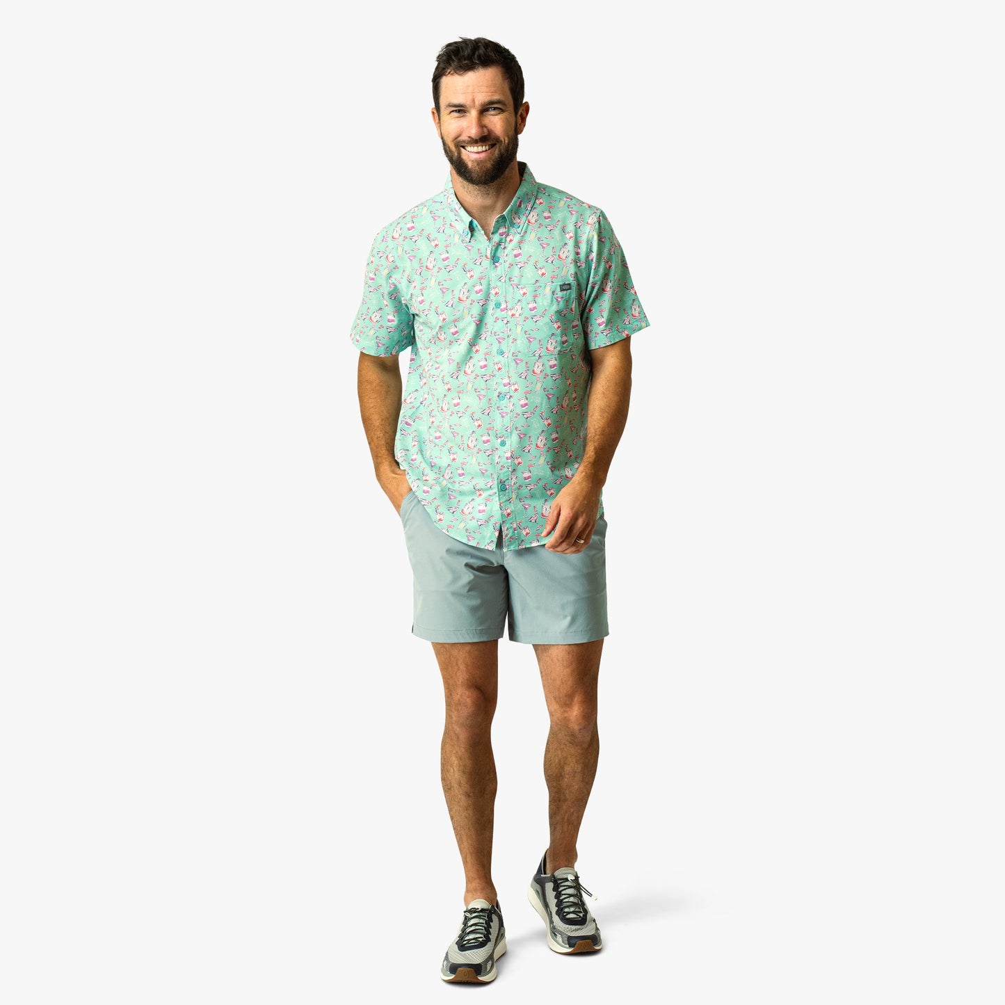 AFTCO Boatbar Printed Button Down Fishing Shirt Aqua Glass