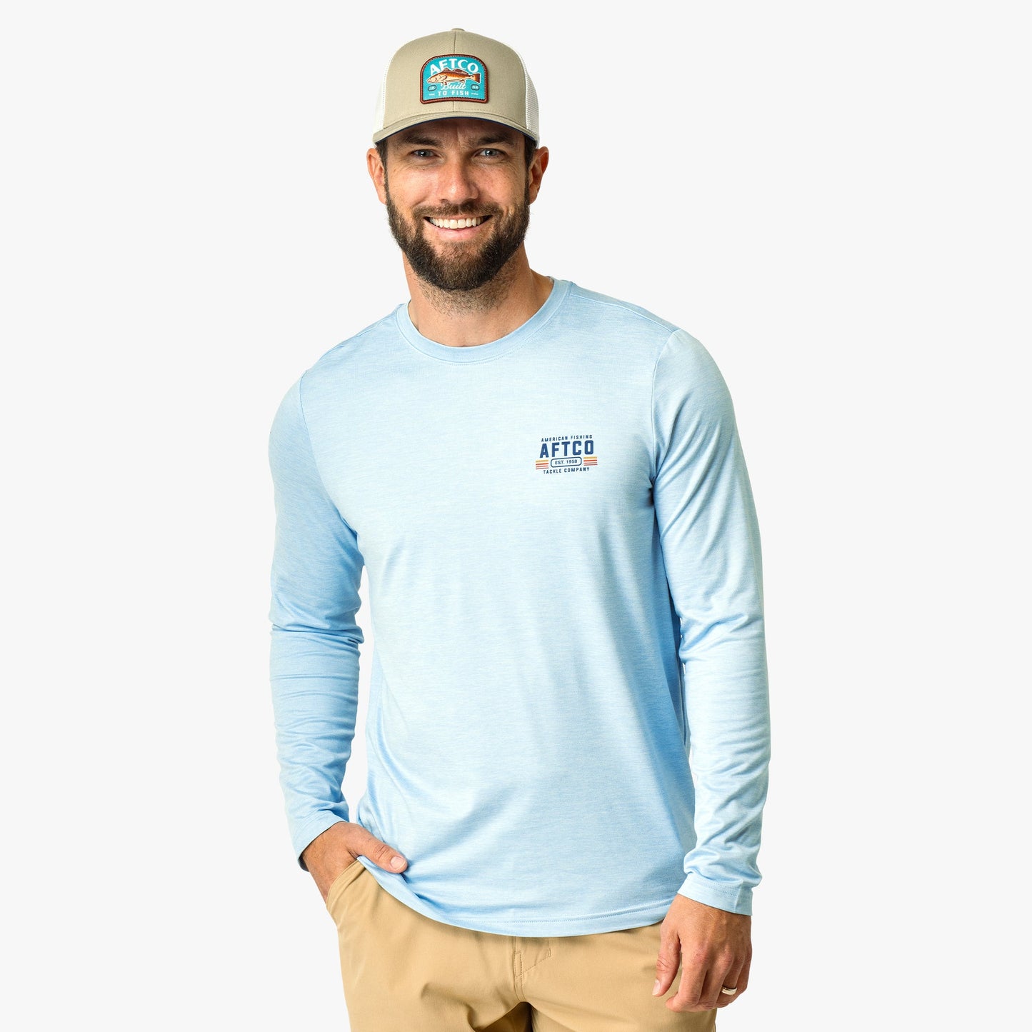 AFTCO License Plate Long Sleeve Sun Protection Shirt Airy Blue Heather
