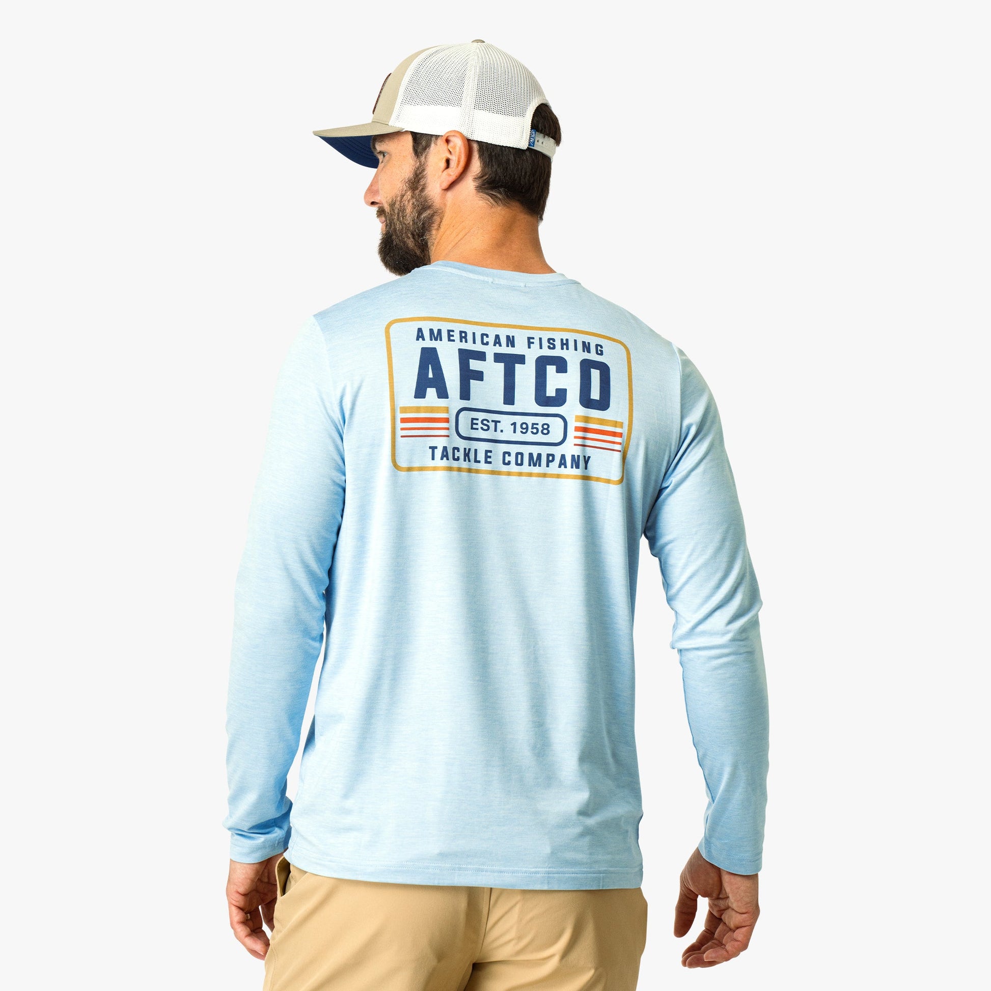 AFTCO License Plate Long Sleeve Sun Protection Shirt Airy Blue Heather