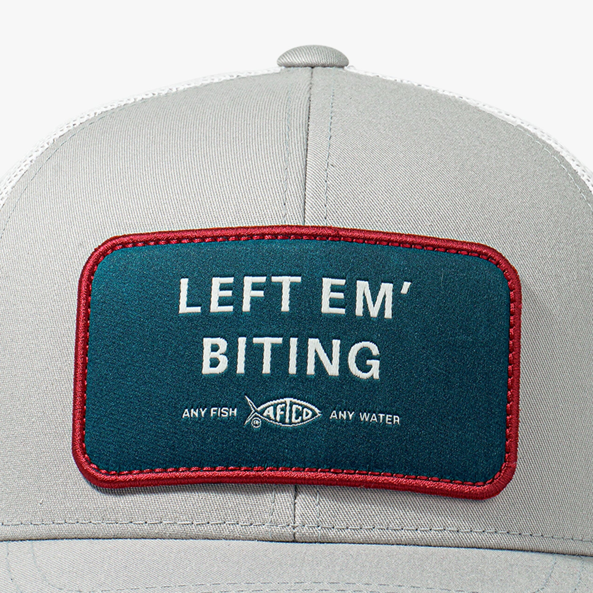 AFTCO Left Em' Biting Fishing Trucker Hat Oyster Gray