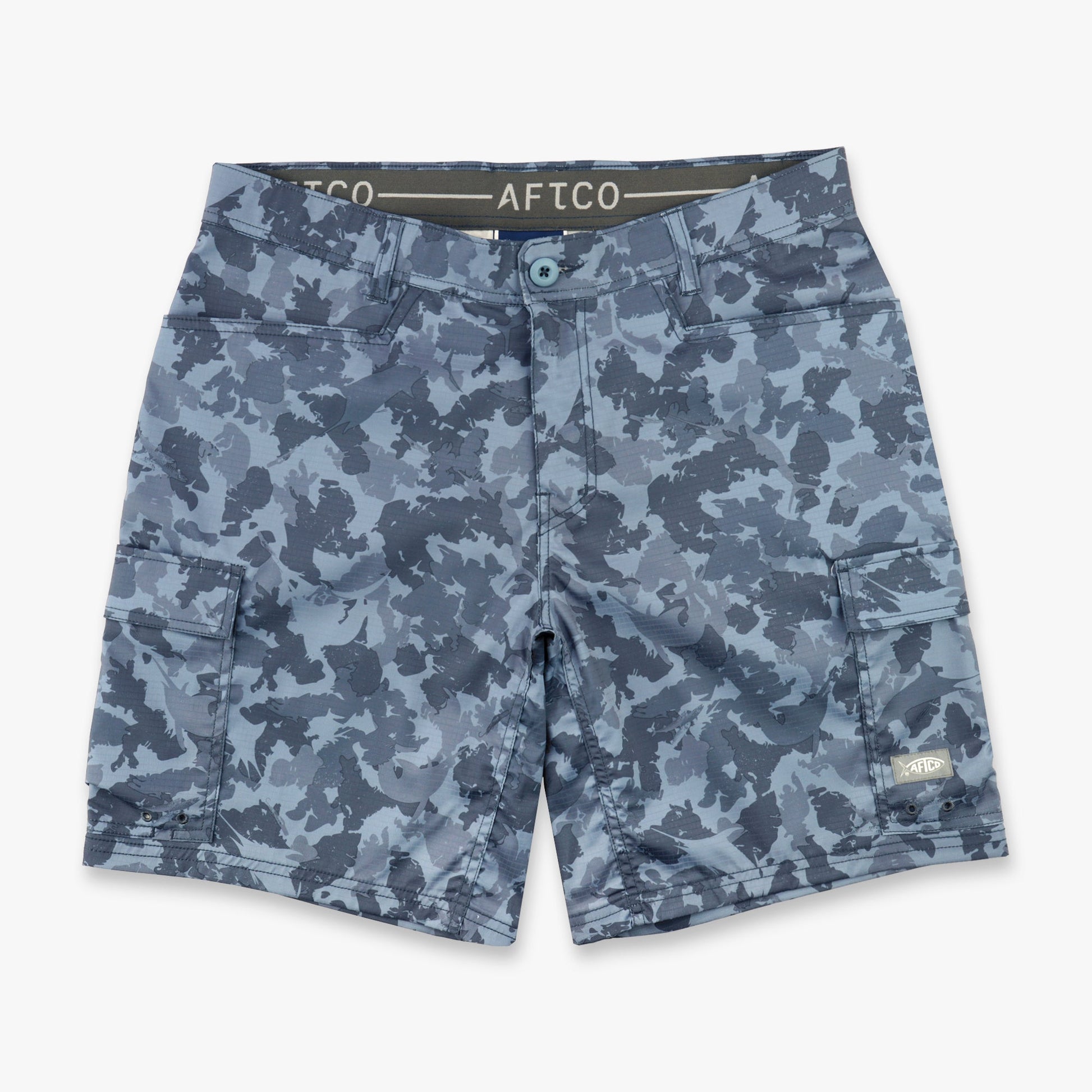 AFTCO Deckhand Camo Fishing Cargo Shorts Black Storm Camo