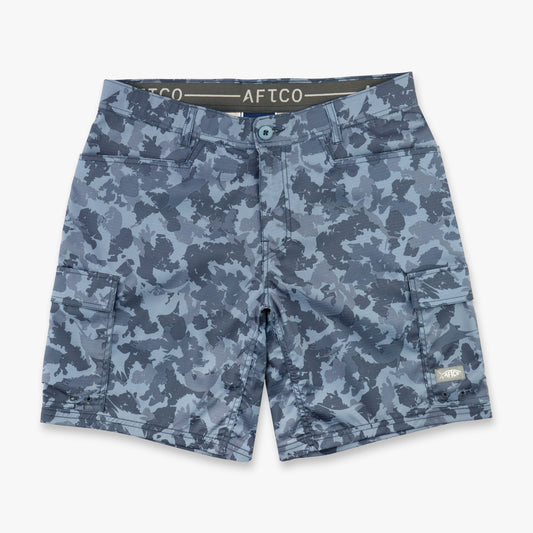 AFTCO Deckhand Camo Fishing Cargo Shorts Black Storm Camo