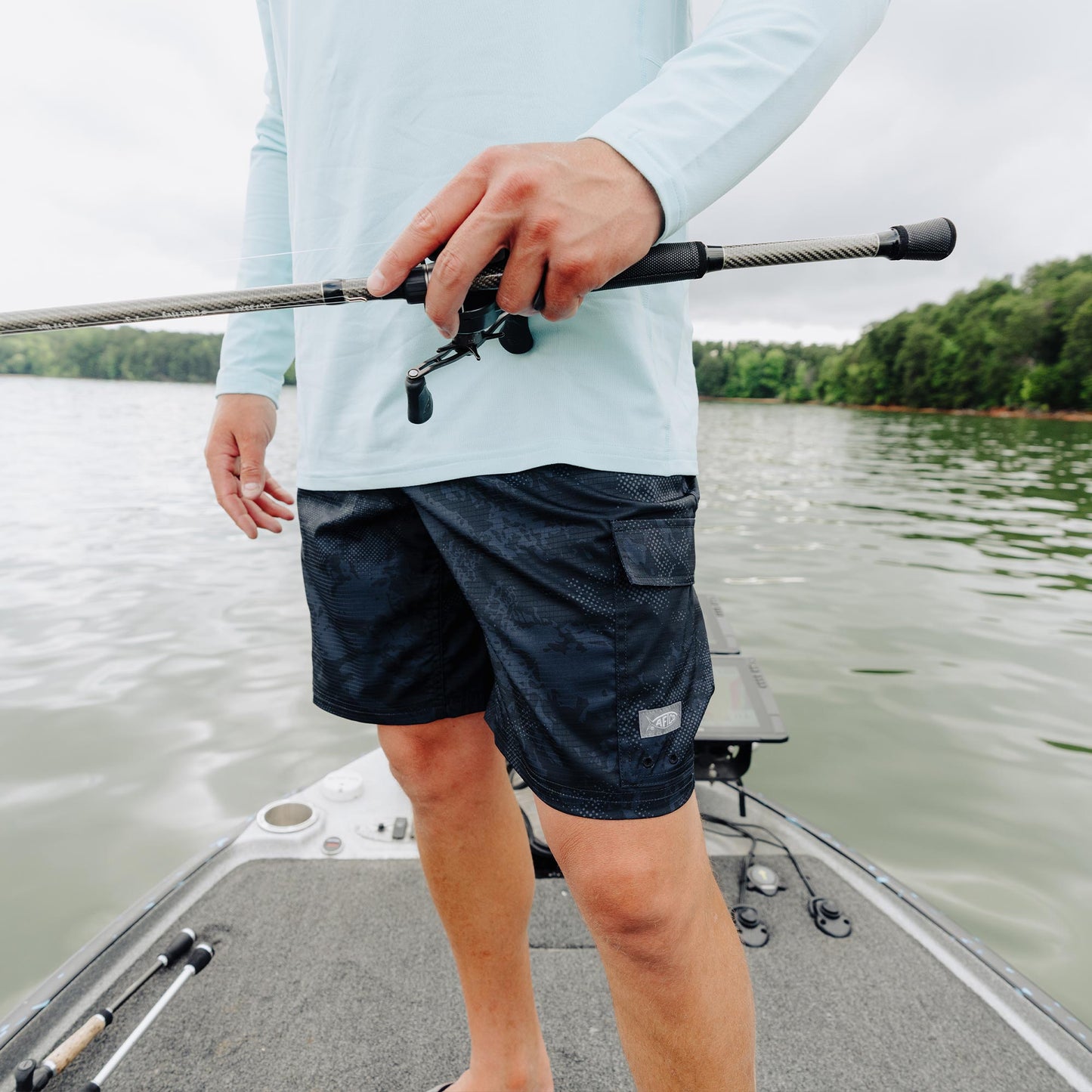 AFTCO Deckhand Camo Fishing Cargo Shorts Black Storm Camo