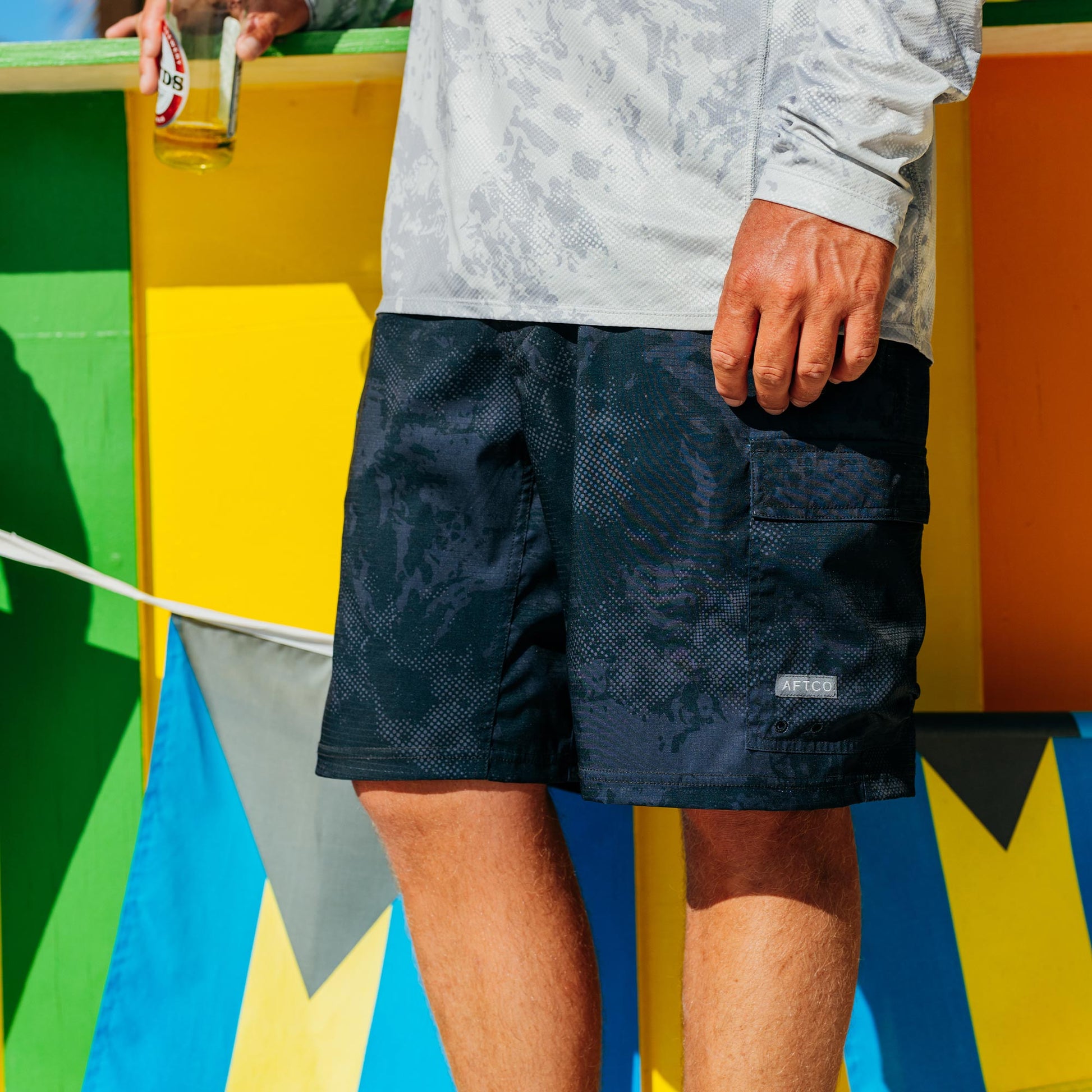 AFTCO Deckhand Camo Fishing Cargo Shorts Black Storm Camo