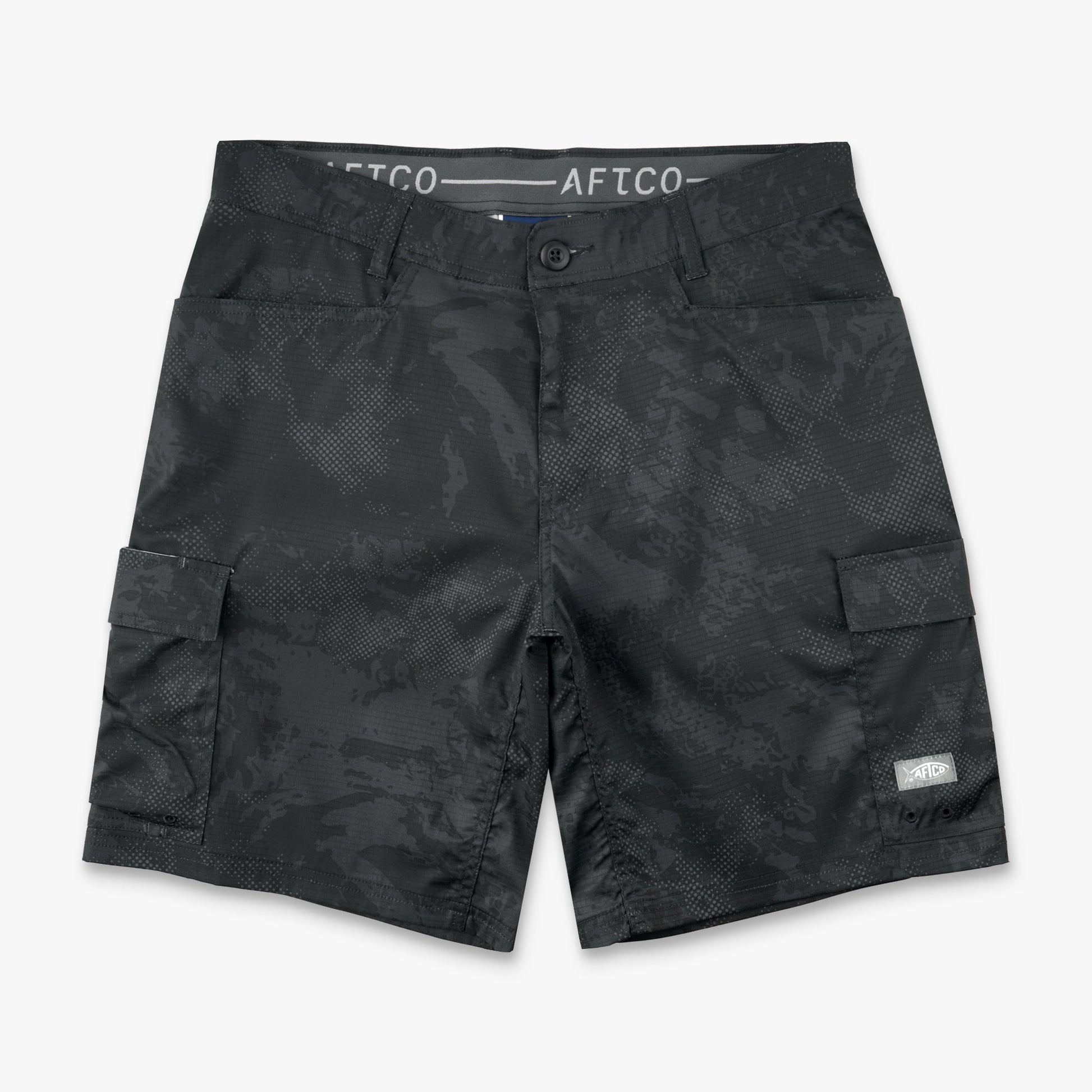 AFTCO Deckhand Camo Fishing Cargo Shorts Black Storm Camo