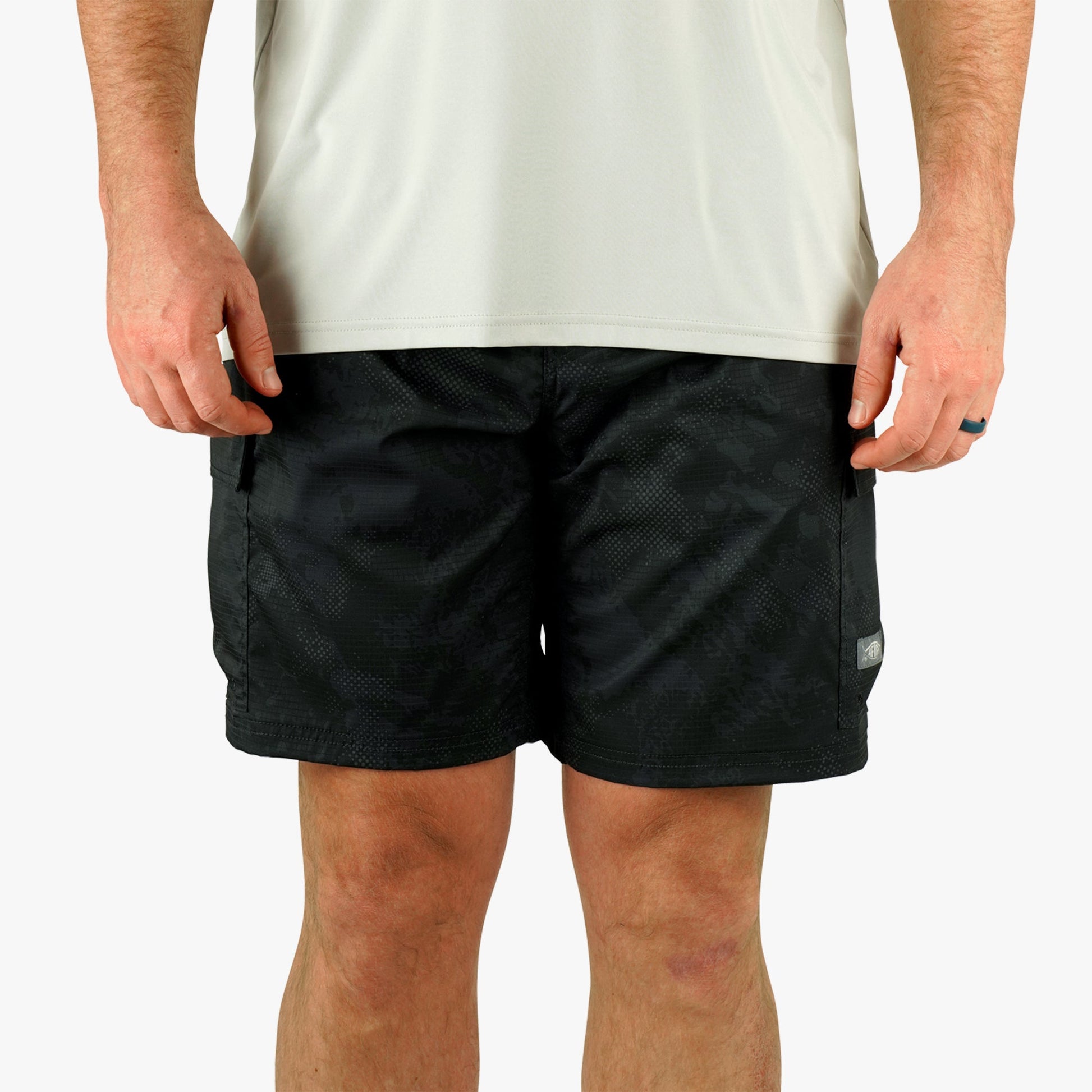 AFTCO Deckhand Camo Fishing Cargo Shorts Black Storm Camo