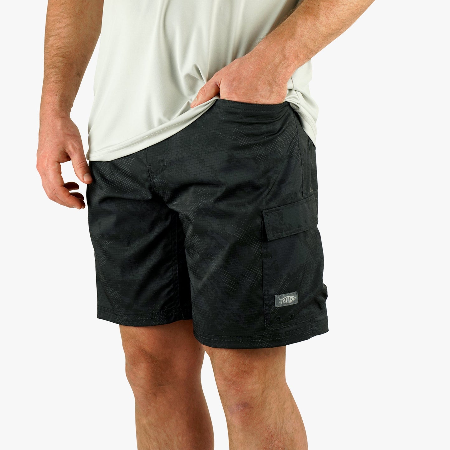 AFTCO Deckhand Camo Fishing Cargo Shorts Black Storm Camo