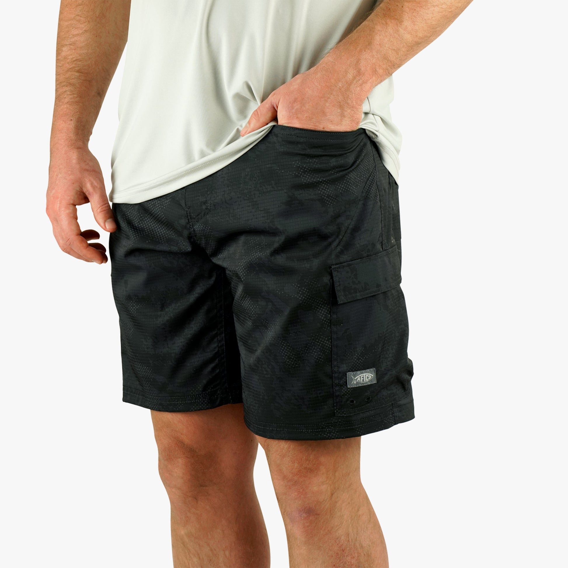 AFTCO Deckhand Camo Fishing Cargo Shorts Black Storm Camo