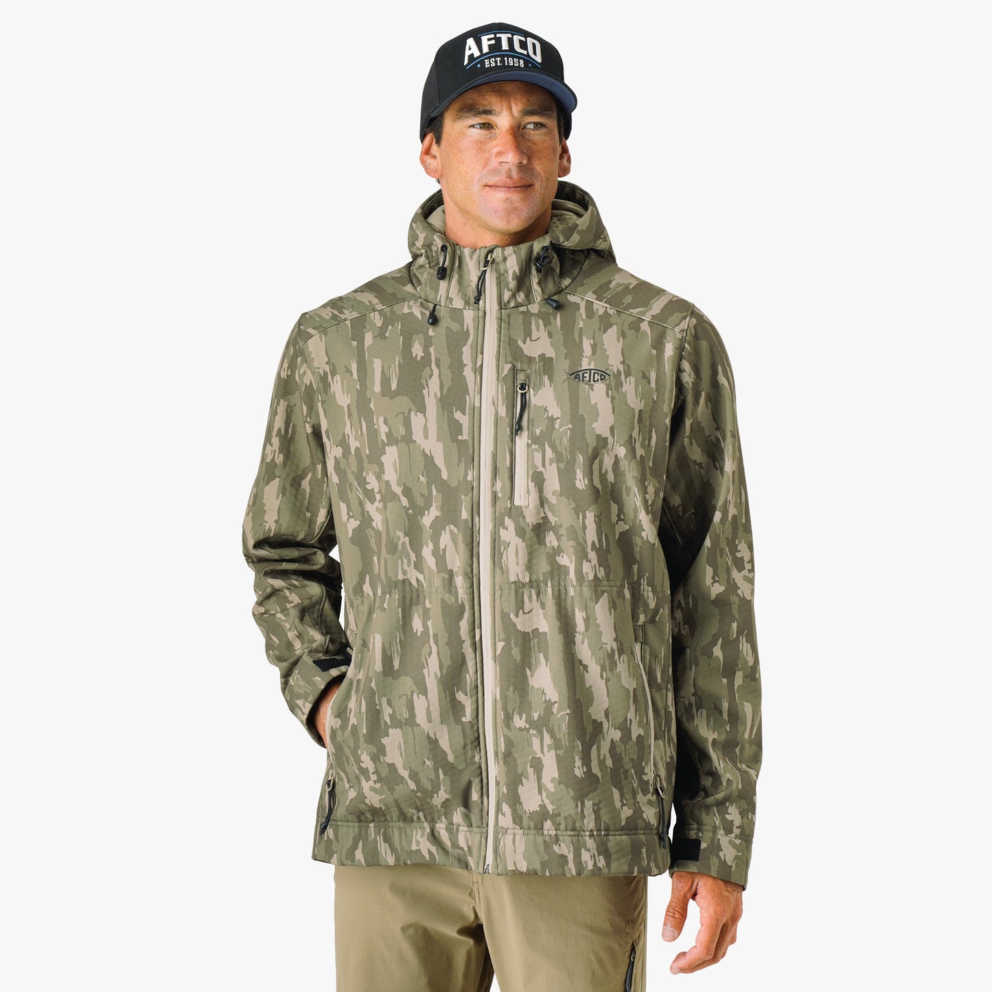 AFTCO Reaper Tactical Zip Up Camo Softshell Jacket Storm Camo