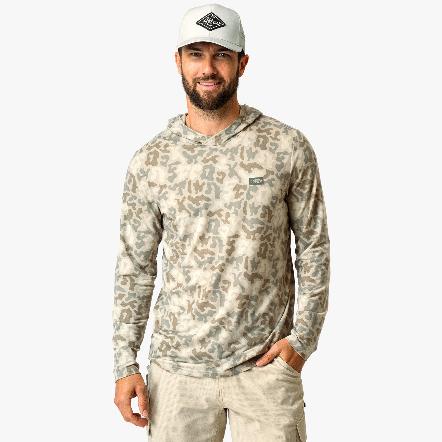 AFTCO Ocean Bound Hooded Performance Shirt Sand Grouper Camo