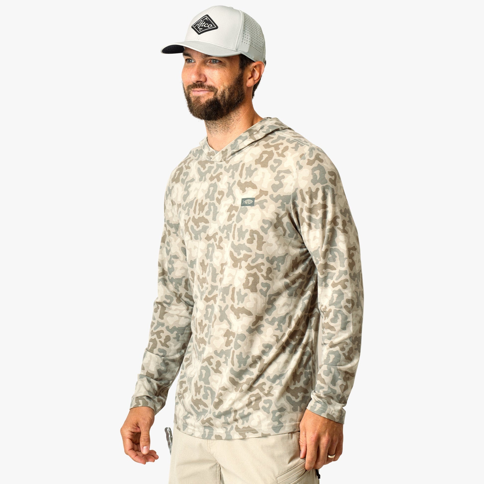AFTCO Ocean Bound Hooded Performance Shirt Sand Grouper Camo