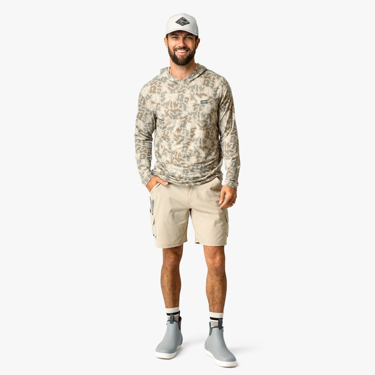 AFTCO Ocean Bound Hooded Performance Shirt Sand Grouper Camo