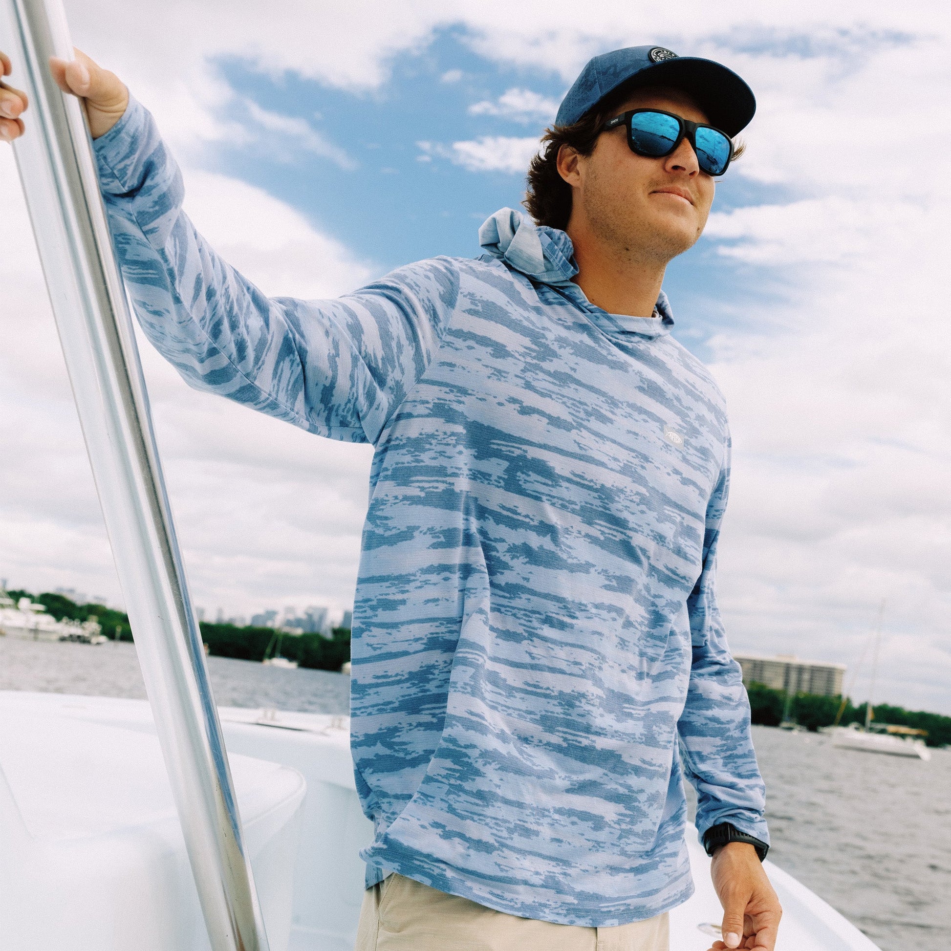 AFTCO Ocean Bound Hooded Performance Shirt Sand Grouper Camo