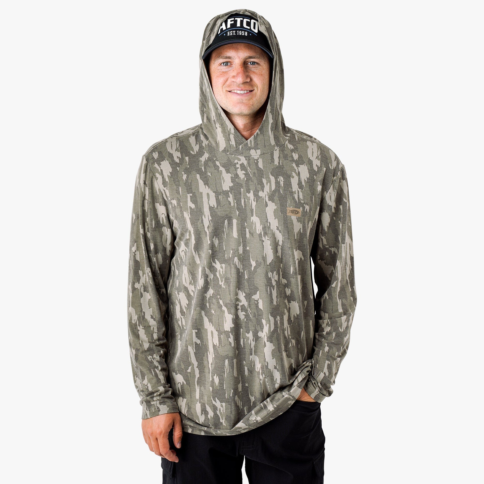 AFTCO Ocean Bound Hooded Performance Shirt Sand Grouper Camo