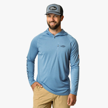 AFTCO Jason Christie's Hooded LS Bass Fishing Performance Shirt Blue Shadow Heather