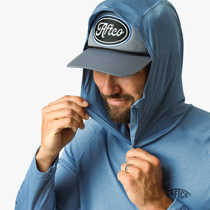 AFTCO Jason Christie's Hooded LS Bass Fishing Performance Shirt Blue Shadow Heather