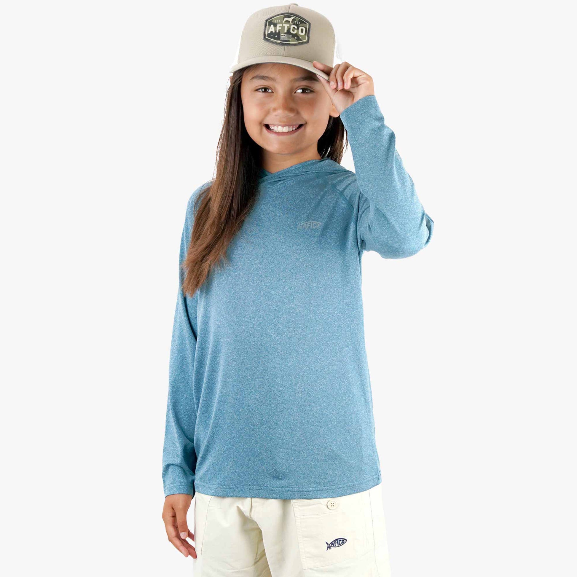 AFTCO Youth Samurai Hood Performance LS Shirt Steel Heather