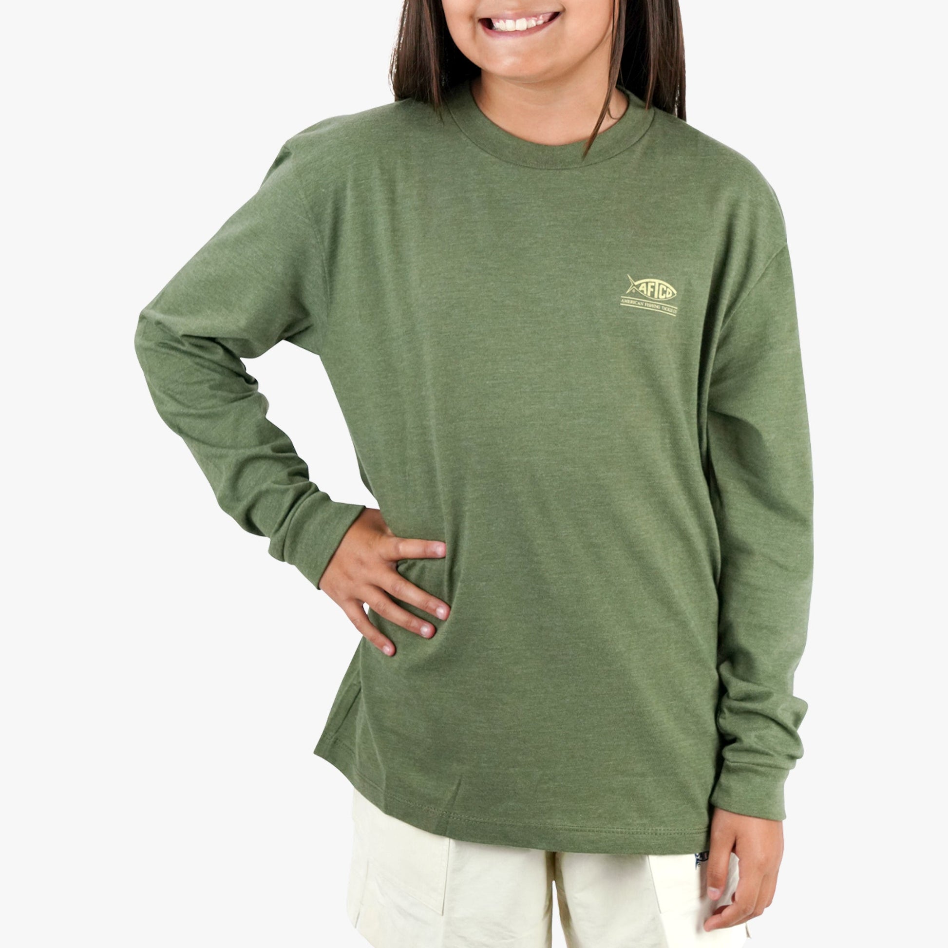 AFTCO Youth Flying Bill Long Sleeve Fishing T-Shirt Army Heather