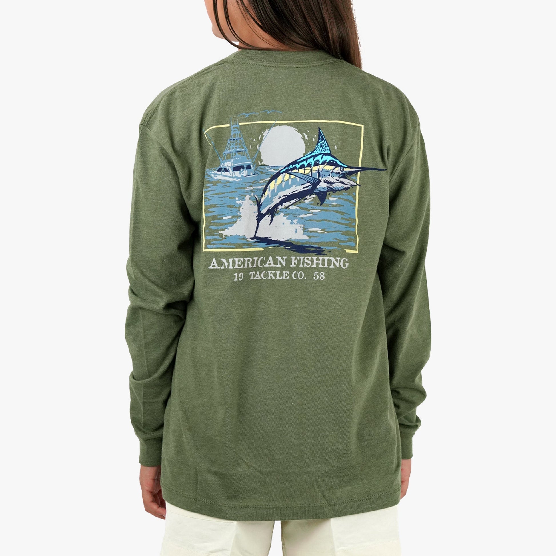AFTCO Youth Flying Bill Long Sleeve Fishing T-Shirt Army Heather