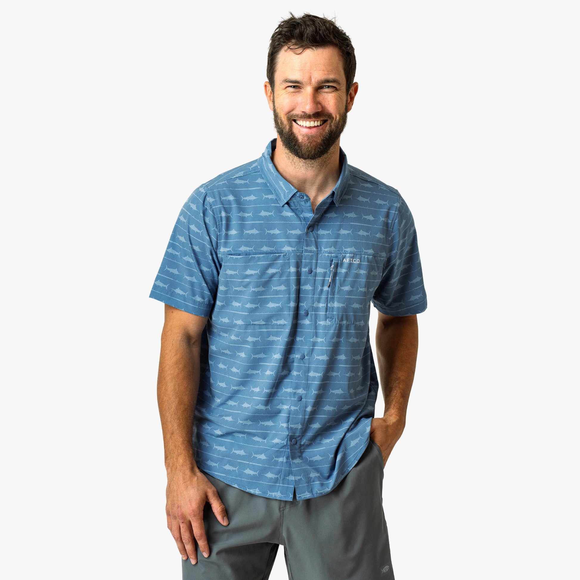 AFTCO Seabreeze Short Sleeve Button Down Shirt Blue Shadow