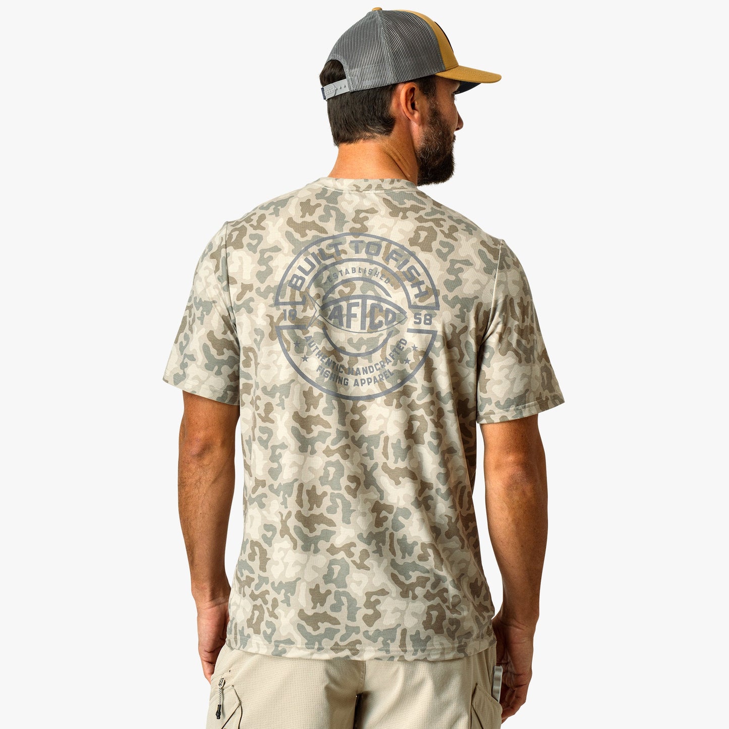 AFTCO Ocean Bound Printed Short Sleeve Fishing Shirts Sand Grouper Camo