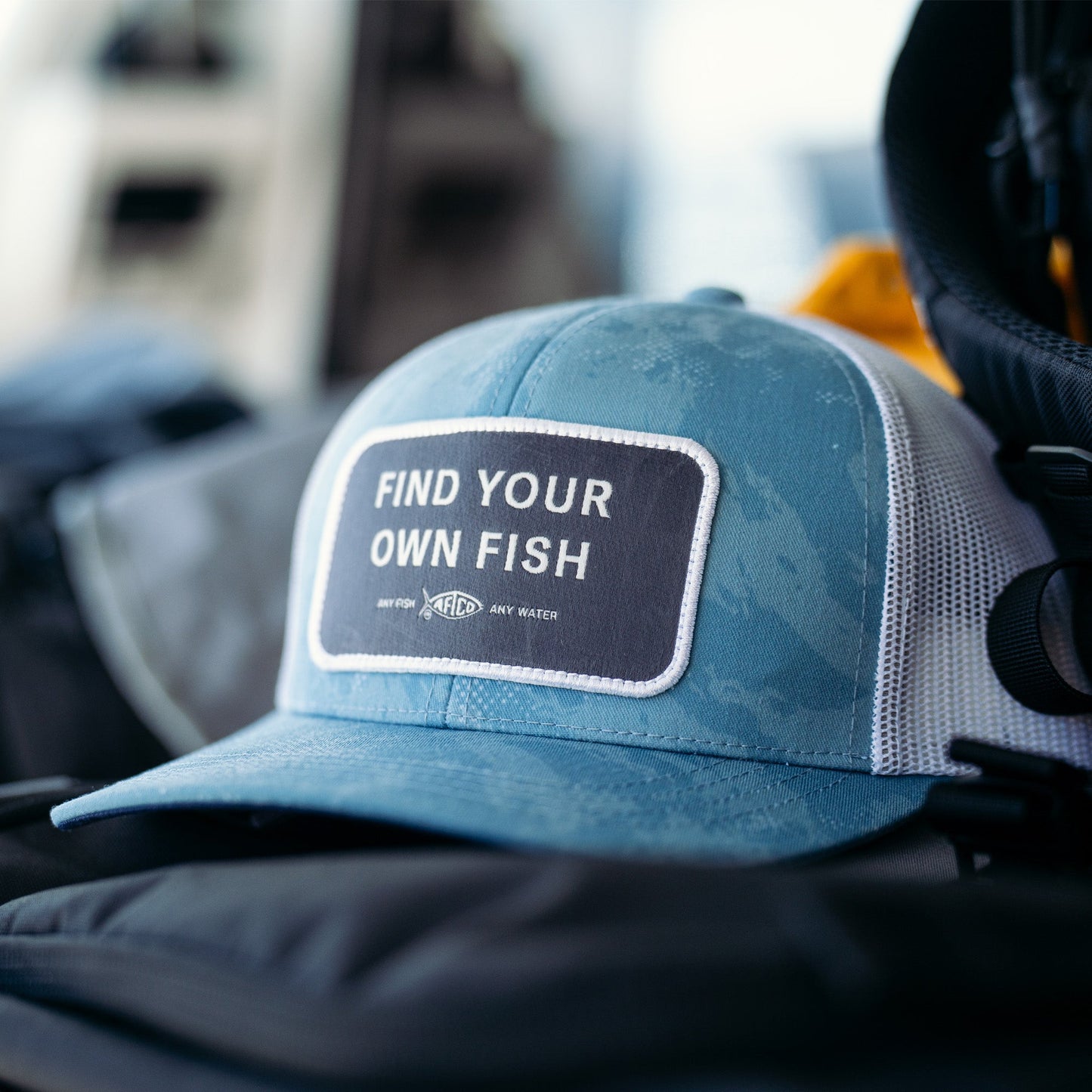 AFTCO Find Your Own Fish Trucker Hat Dusk Storm Camo