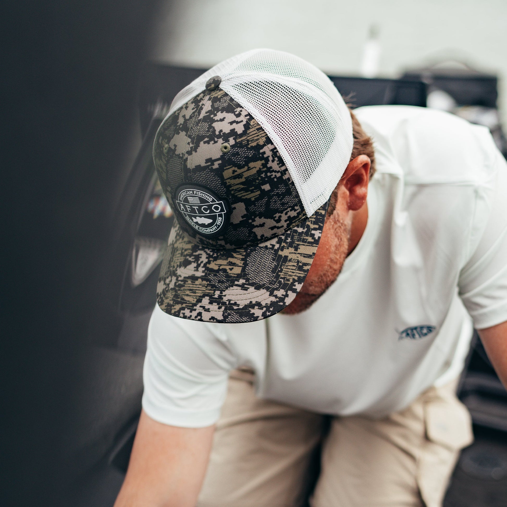 AFTCO Bass Patch Trucker Hat Green Camo
