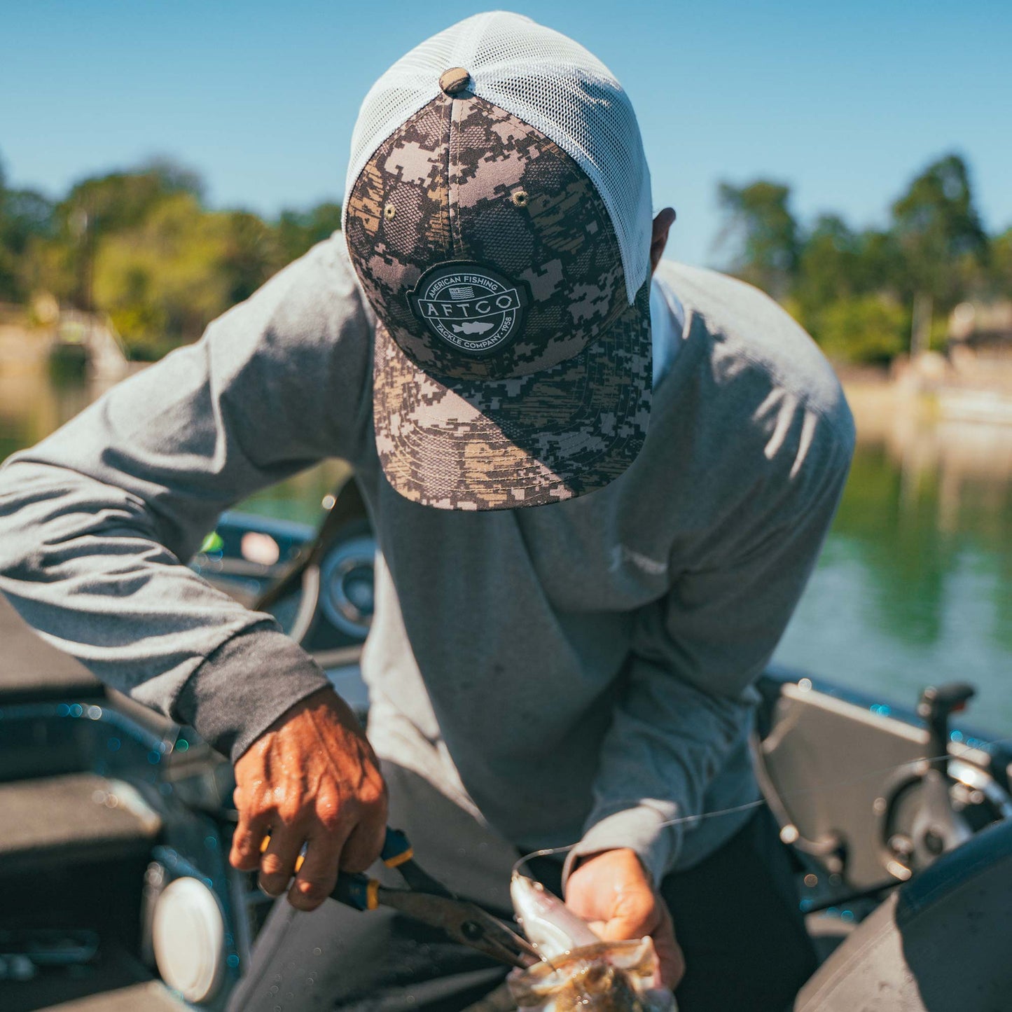 AFTCO Bass Patch Trucker Hat Green Camo