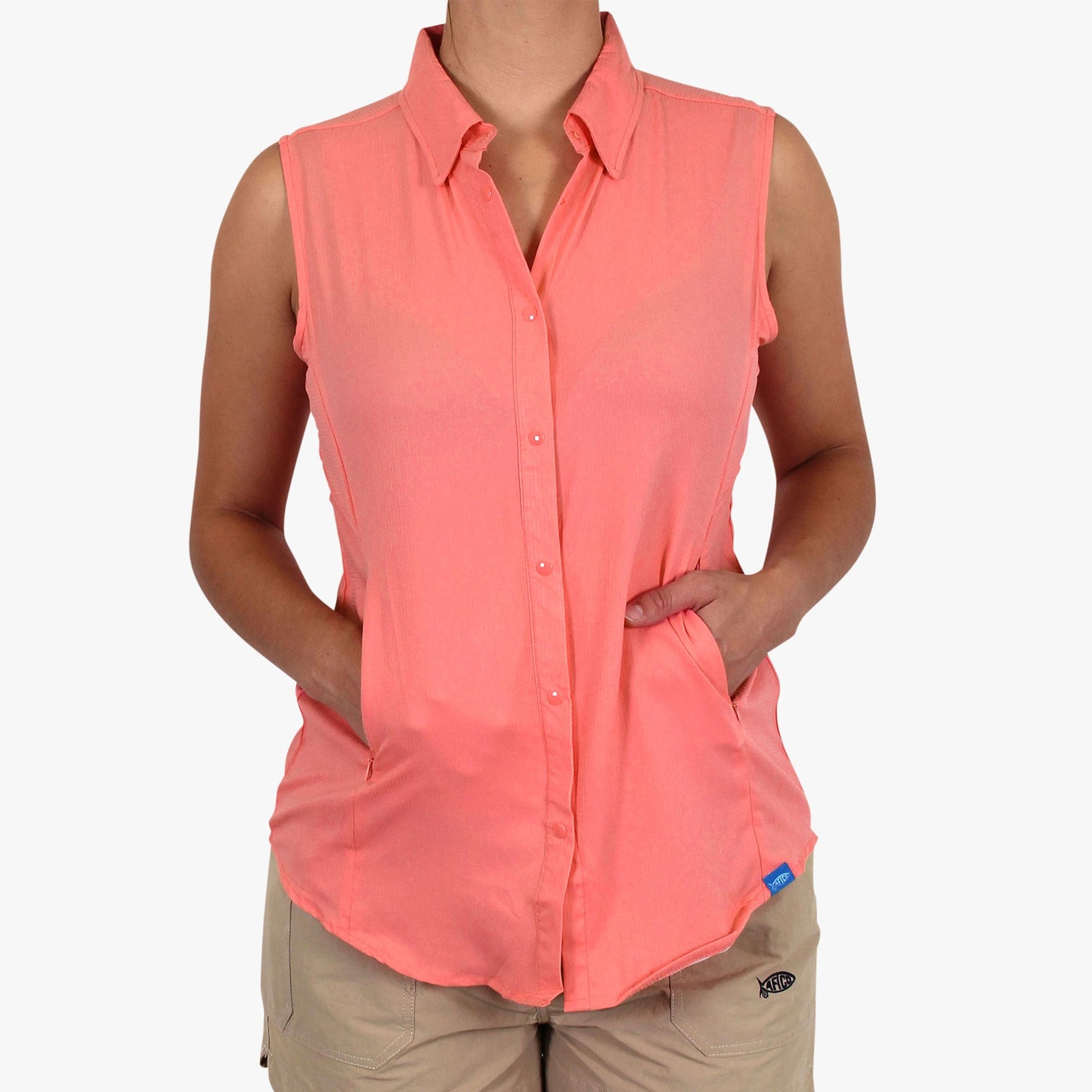 AFTCO Women's Wrangle Sleeveless Button Down Shirt Coral