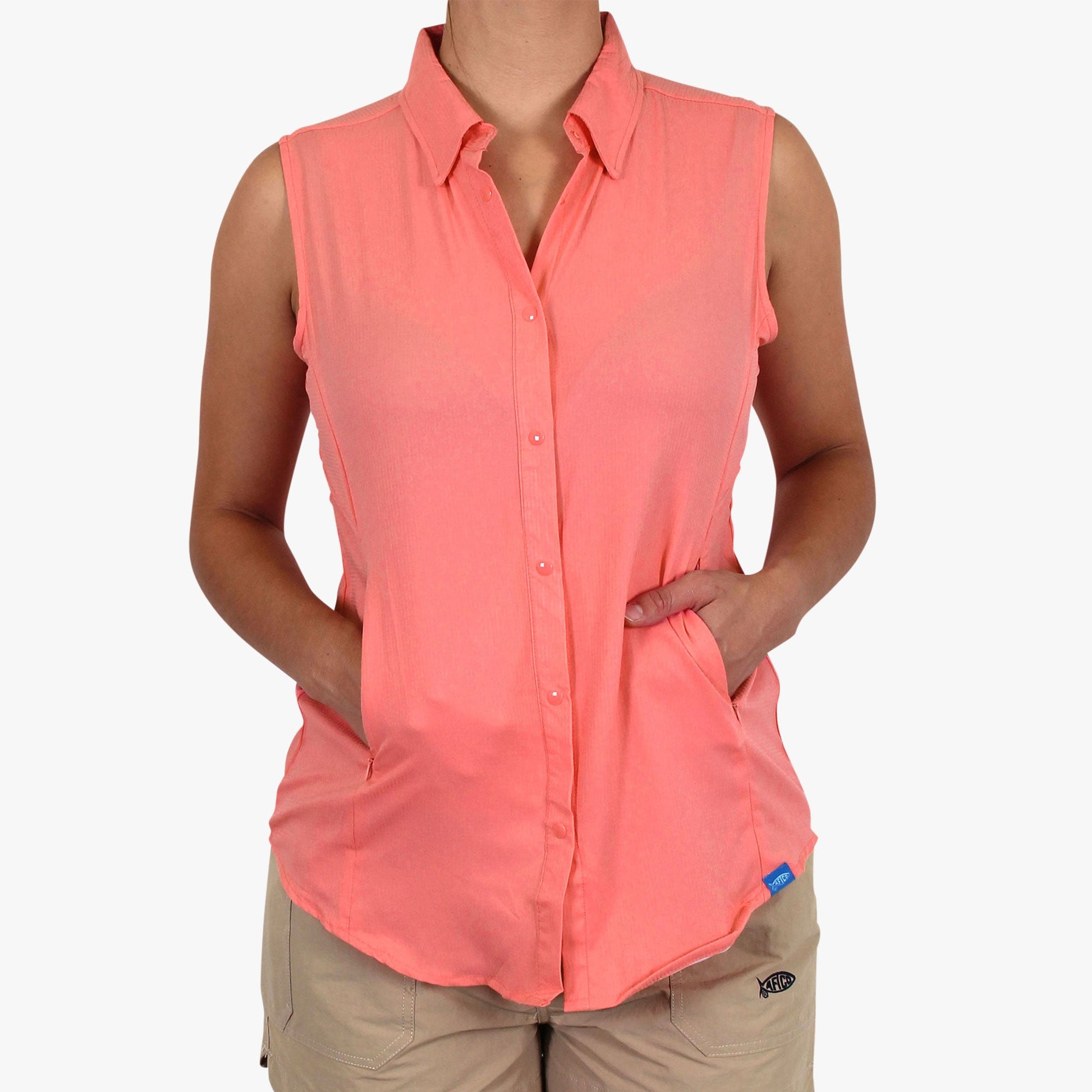 AFTCO Women's Wrangle Sleeveless Button Down Shirt Coral