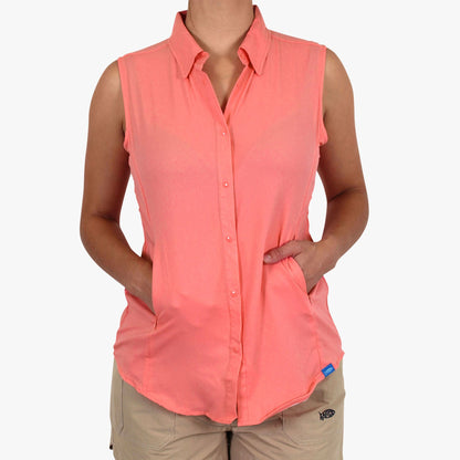 AFTCO Women's Wrangle Sleeveless Button Down Shirt Coral