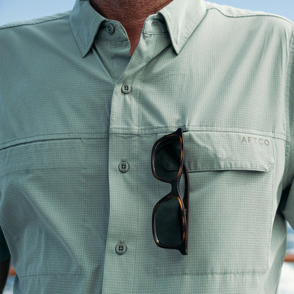 AFTCO Air O Mesh Printed SS Button Down Fishing Shirt Oyster Gray