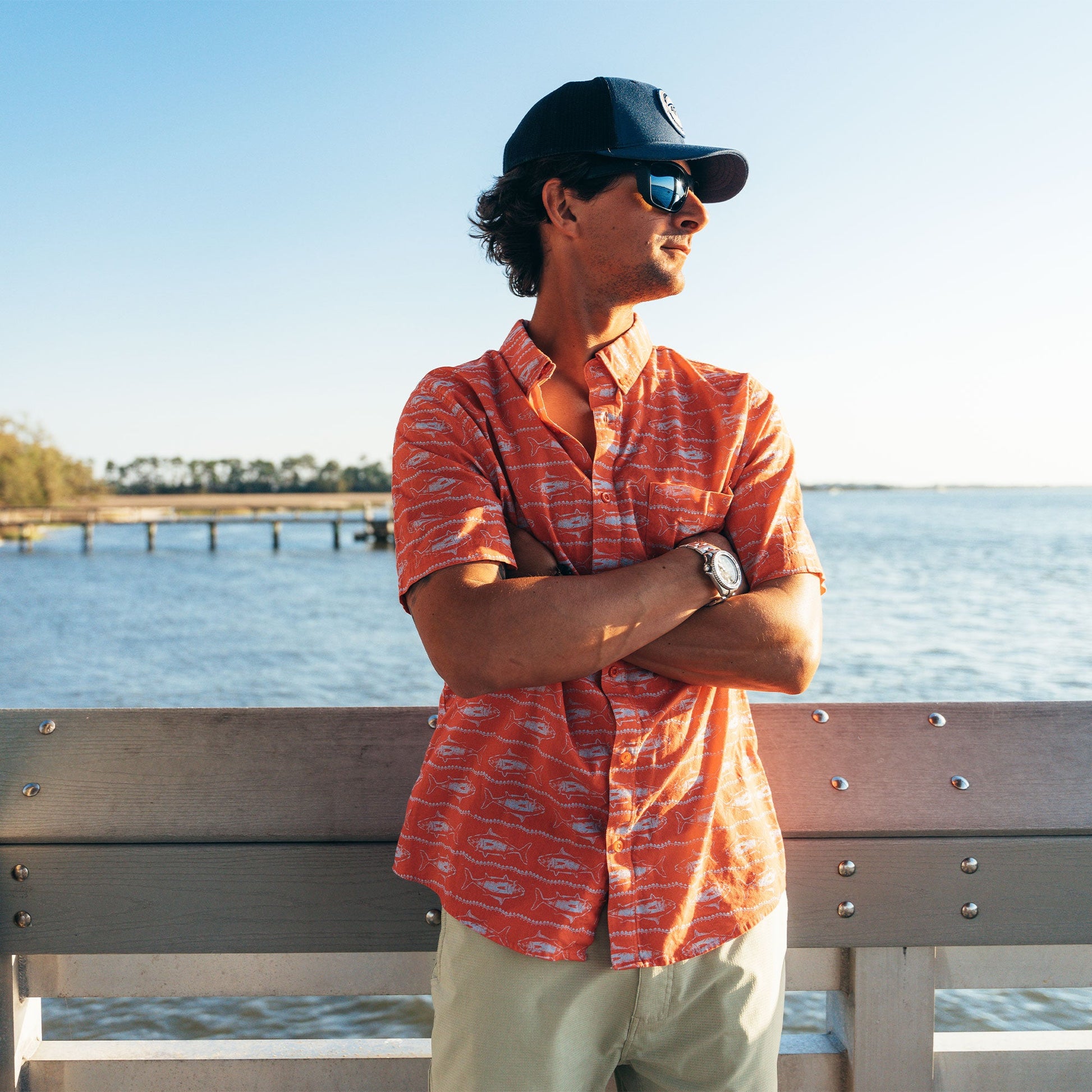 AFTCO Boatbar SS Button Down Fishing Shirt Soft Coral