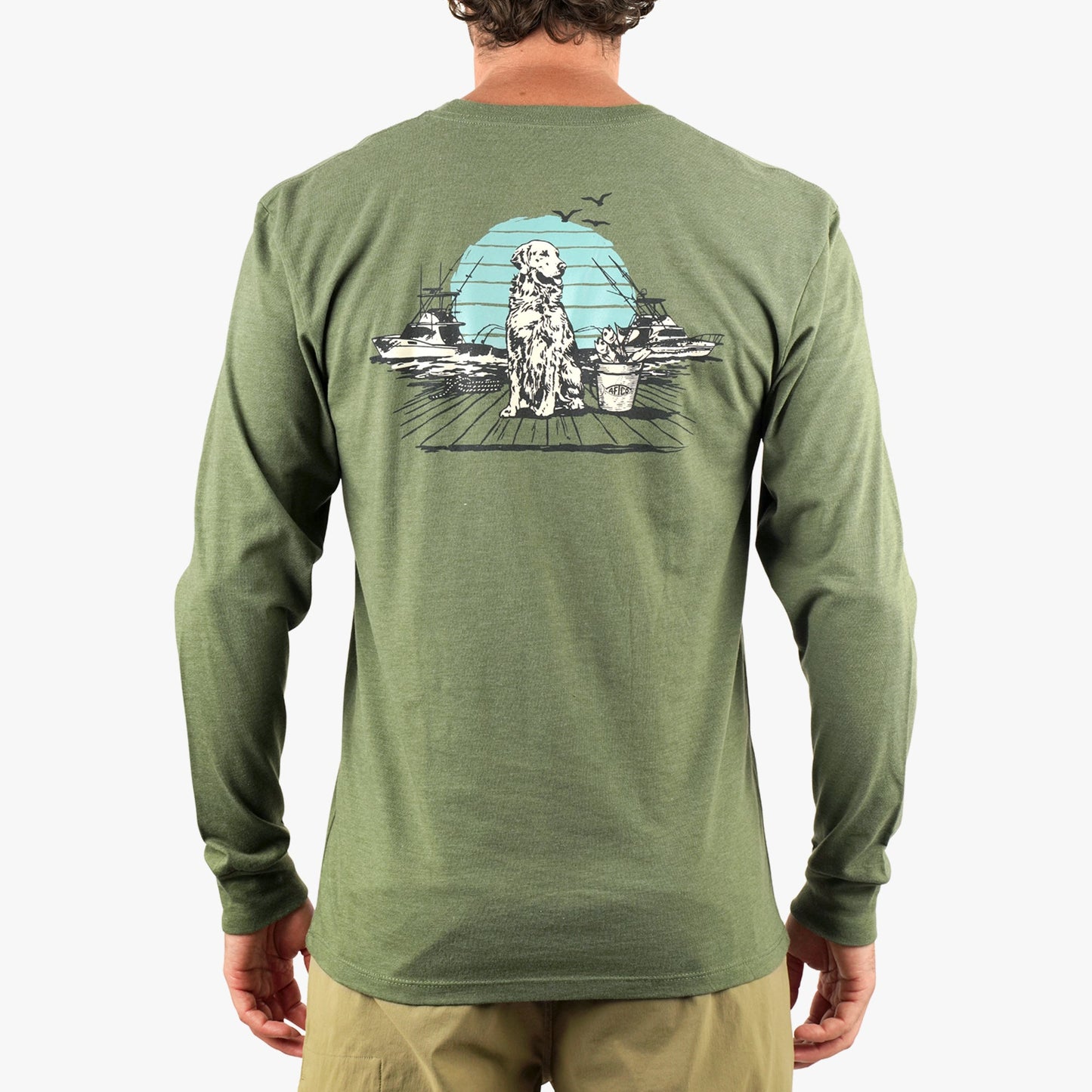 AFTCO Bucket Long Sleeve Fishing Tee Shirt Army Heather